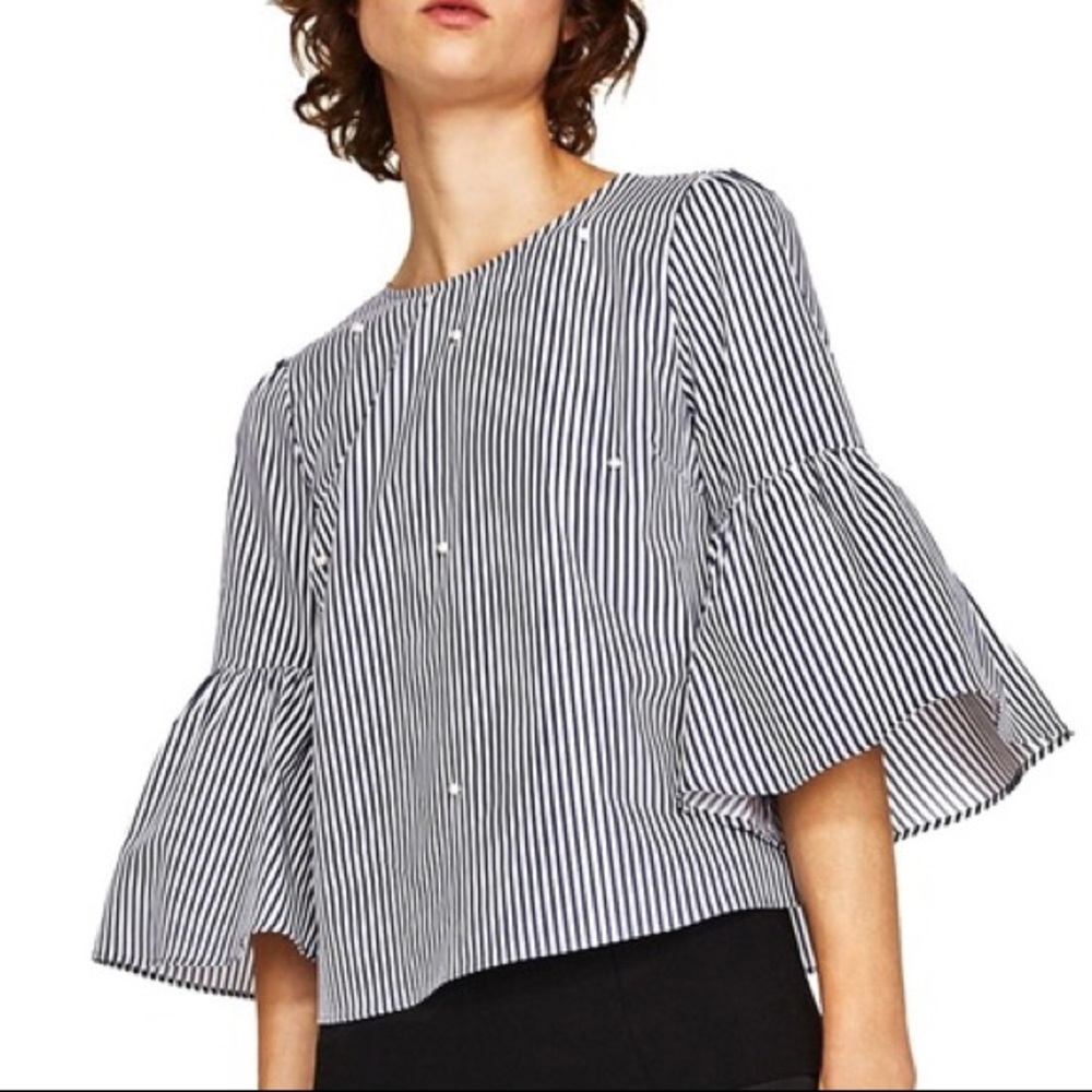 Zara striped poplin pearl bell sleeve blouse